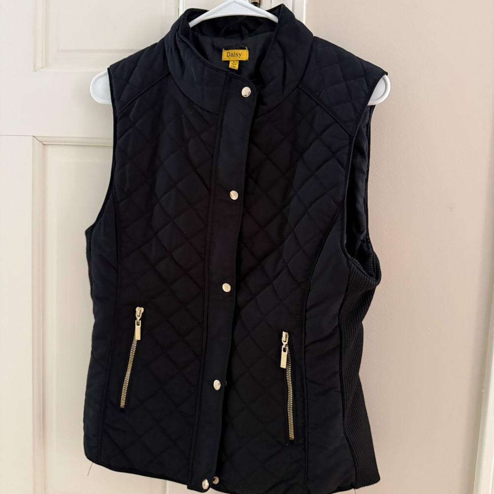 Women's Black Quilted Vest with Gold Zipper - Size L
